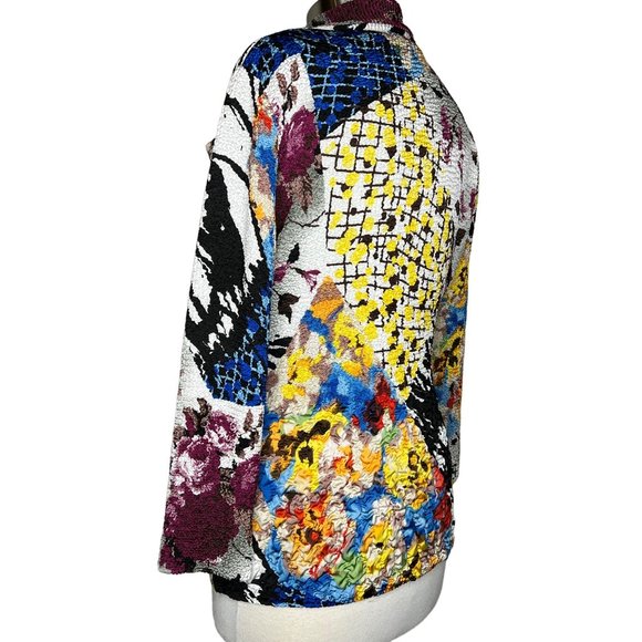 Alberto Malaki blouse size medium colorful long sleeve collar crinkle stretch ab - Picture 4 of 13